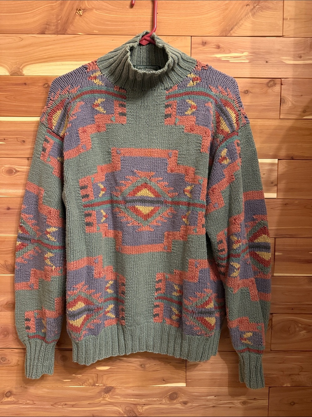Vintage Polo Ralph Lauren Handknit Slate Gray Aztec Pattern Turtleneck Sweater